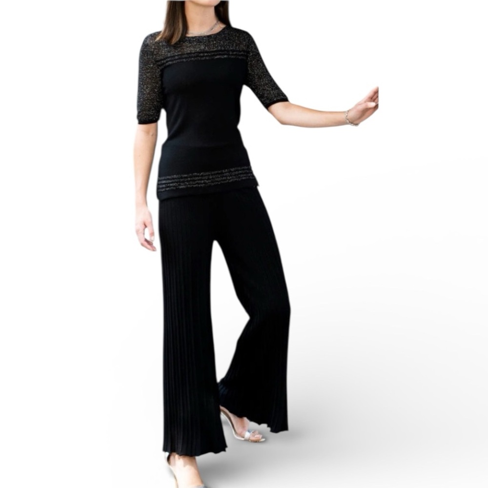 Jason Wu Black Crinkle Stretchy Plisse High Waist Luxury Flare Hem Pants L